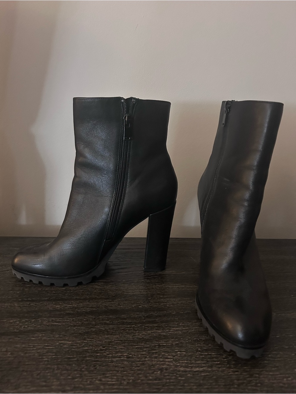 Aldo Black Leather Chunky Heel Ankle Boots with Side Zip